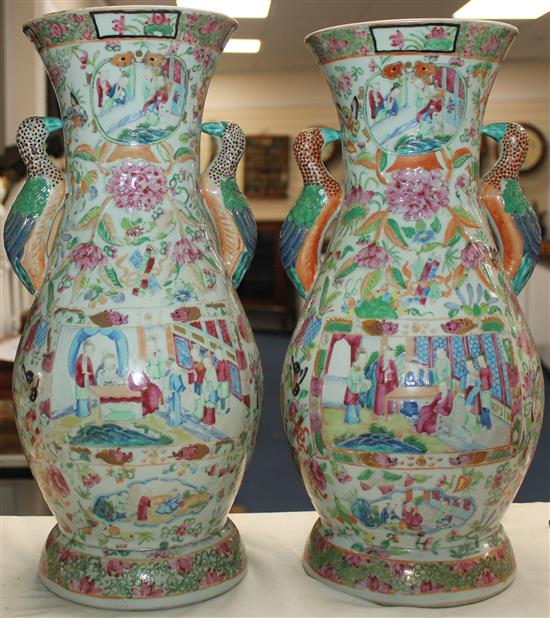 A pair of unusual Chinese Canton-decorated vases, 19th century, 44cm, bases repaired